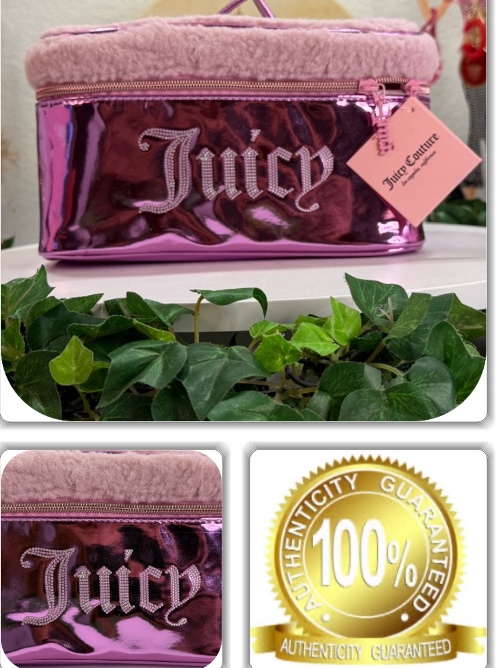 NWT-JUICY COUTRE PINK METALLIC RHINE STONE JUICY LOGO MAKEUP VANITY ZIP POUCH!
